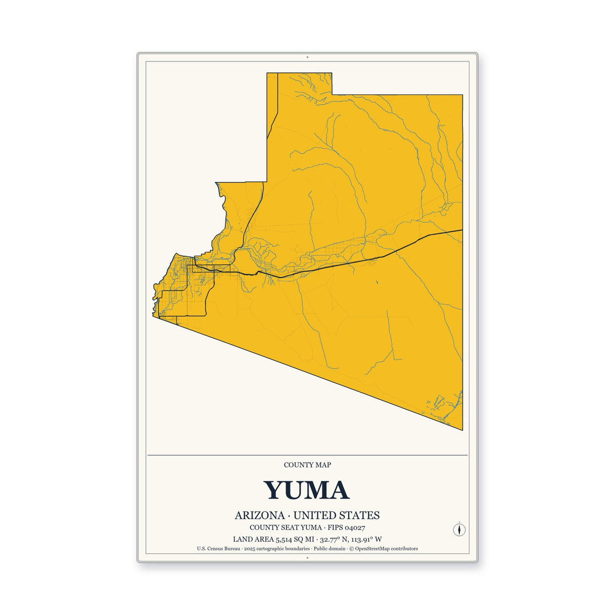 Yuma County, Arizona Map Aluminum Sign in Citrine Modern style