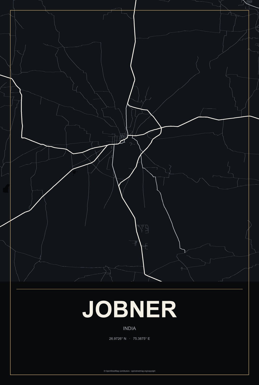Jobner, India City Map Aluminum Sign in Metropolitan Noir style