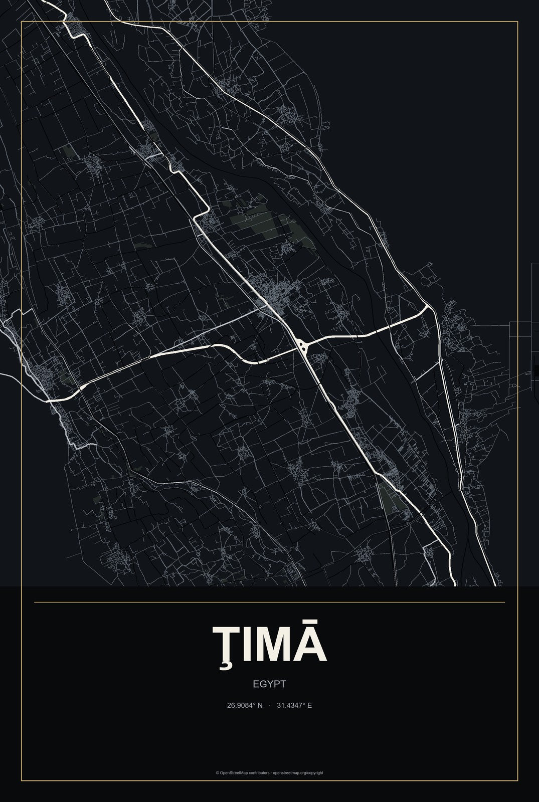 Ţimā, Egypt City Map Aluminum Sign in Metropolitan Noir style