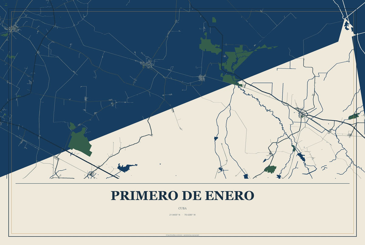 Primero de Enero, Cuba City Map Aluminum Sign in Coastal Cutout style