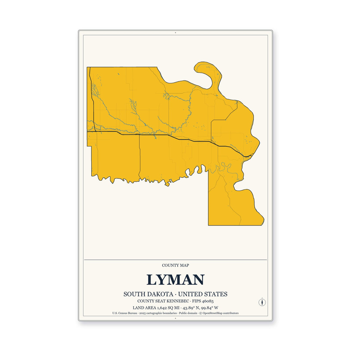 Lyman County, South Dakota Map Aluminum Sign in Citrine Modern style