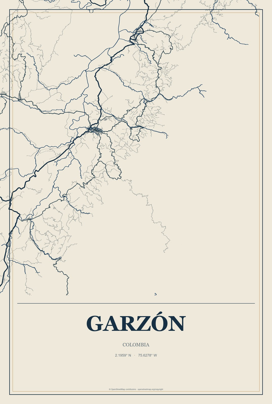 Garzón, Colombia City Map Aluminum Sign in Coastal Cutout style