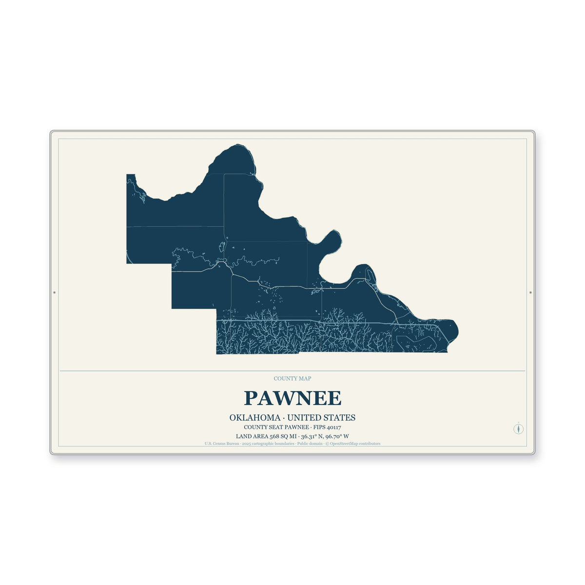 Pawnee County, Oklahoma Map Aluminum Sign in Coastal Cutout style