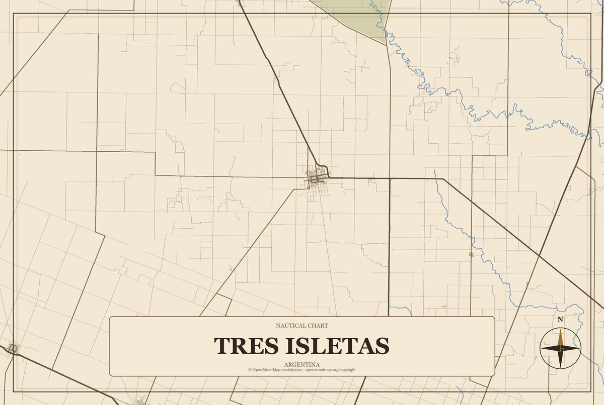 Tres Isletas, Argentina City Map Aluminum Sign in Heritage Nautical style