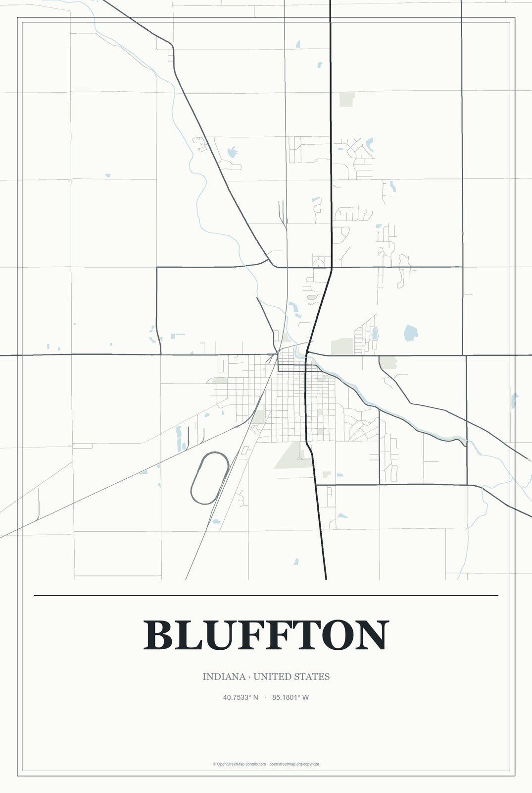 Bluffton, Indiana City Map Aluminum Sign in Gallery Air style