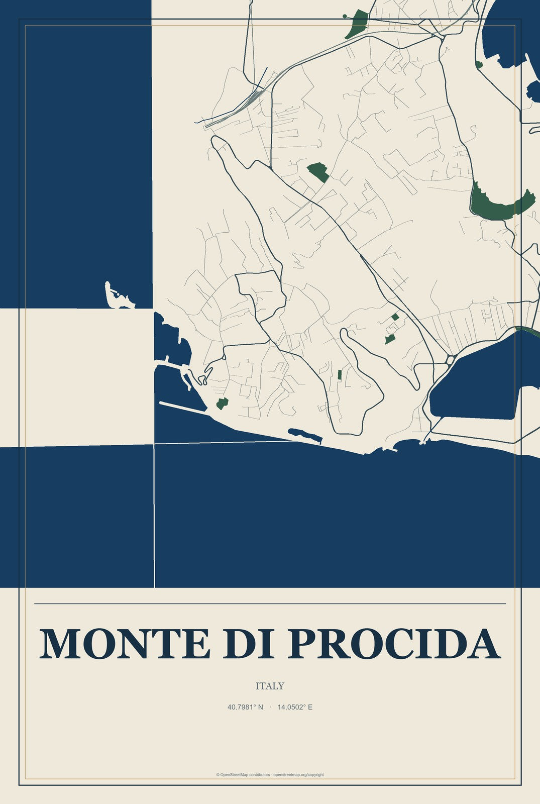 Monte di Procida, Italy City Map Aluminum Sign in Coastal Cutout style