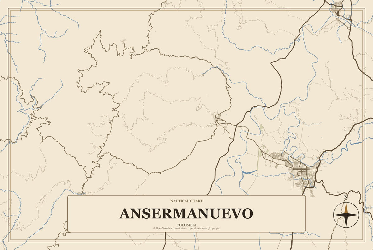 Ansermanuevo, Colombia City Map Aluminum Sign in Heritage Nautical style