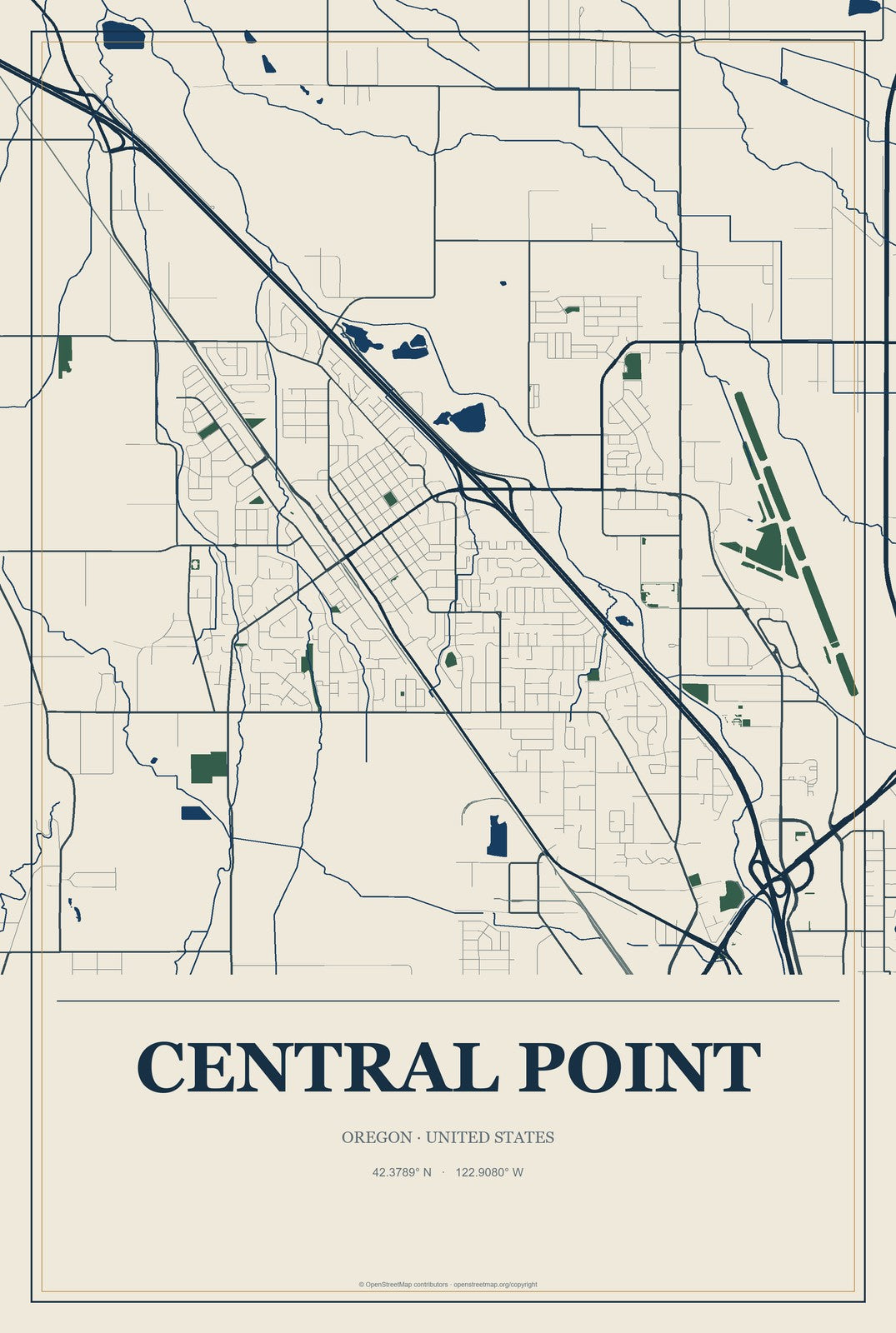 Central Point, Oregon City Map Aluminum Sign in Coastal Cutout style