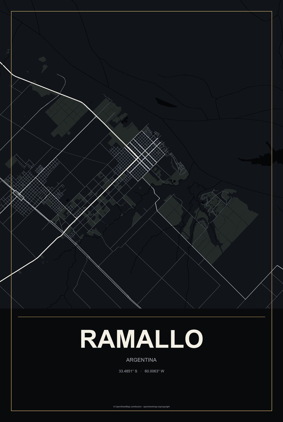 Ramallo, Argentina City Map Aluminum Sign in Metropolitan Noir style
