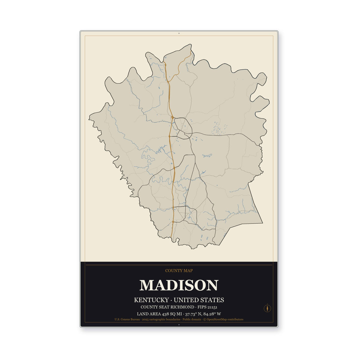 Madison County, Kentucky Map Aluminum Sign in Museum Plaque style