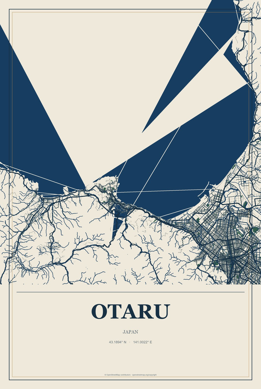 Otaru, Japan City Map Aluminum Sign in Coastal Cutout style