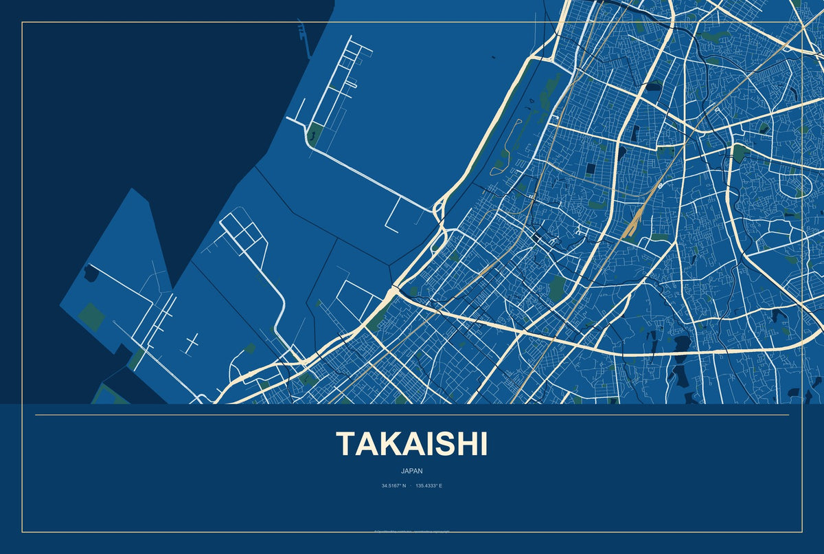 Takaishi, Japan City Map Aluminum Sign in Harbor Cobalt style