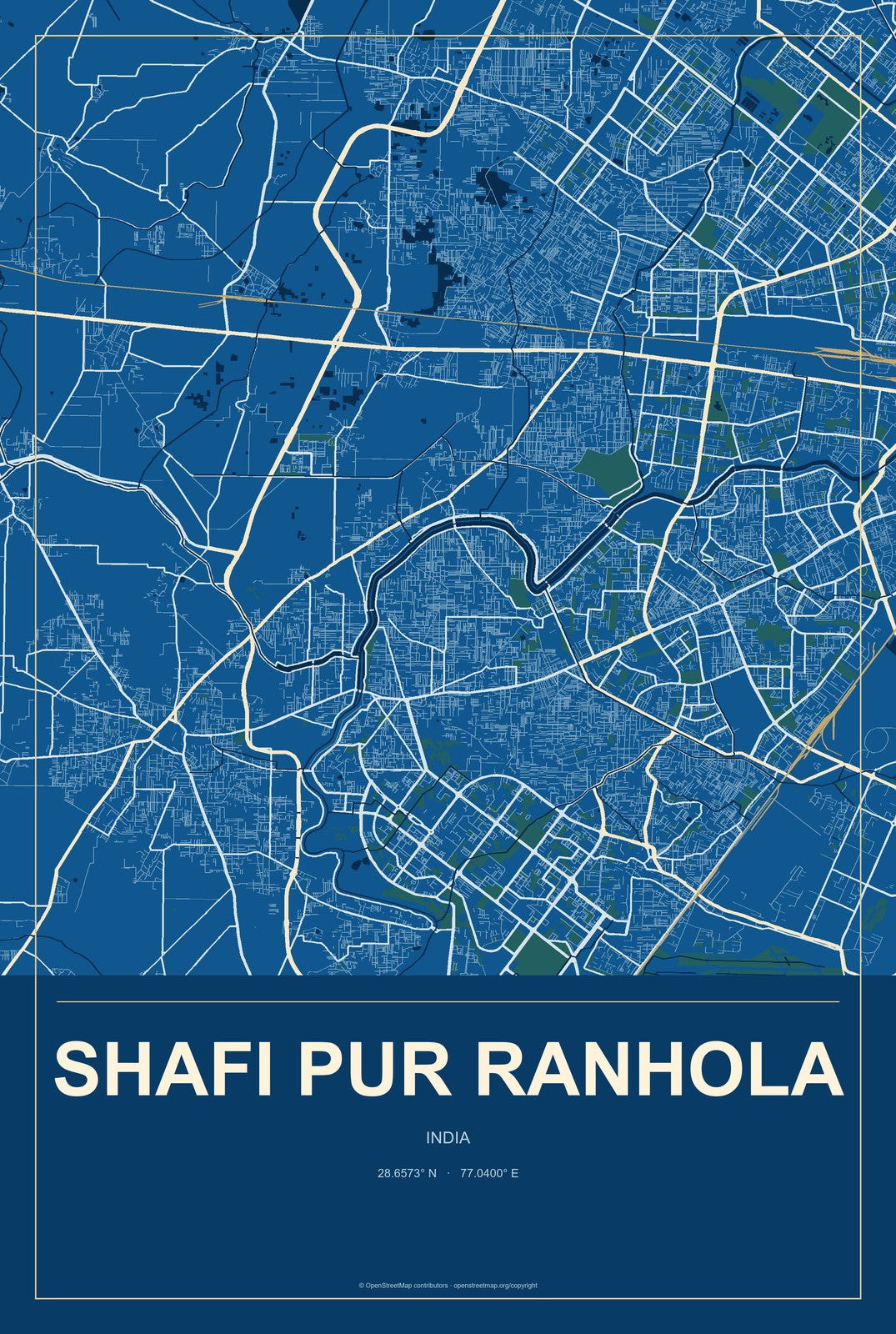 Shafi Pur Ranhola, India City Map Aluminum Sign in Harbor Cobalt style