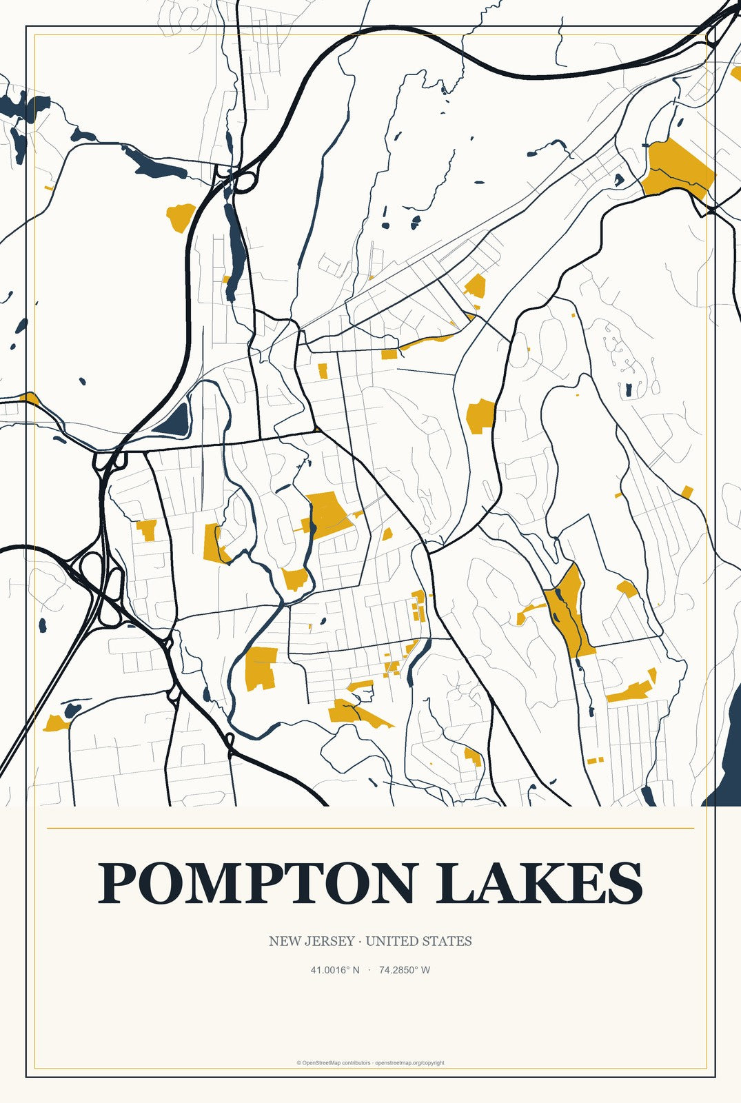Pompton Lakes, New Jersey City Map Aluminum Sign in Citrine Modern style