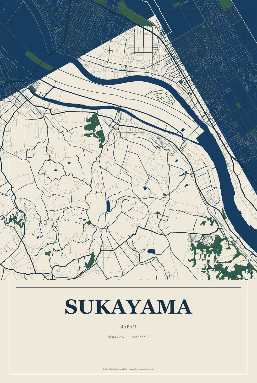 Sukayama, Japan City Map Aluminum Sign in Coastal Cutout style