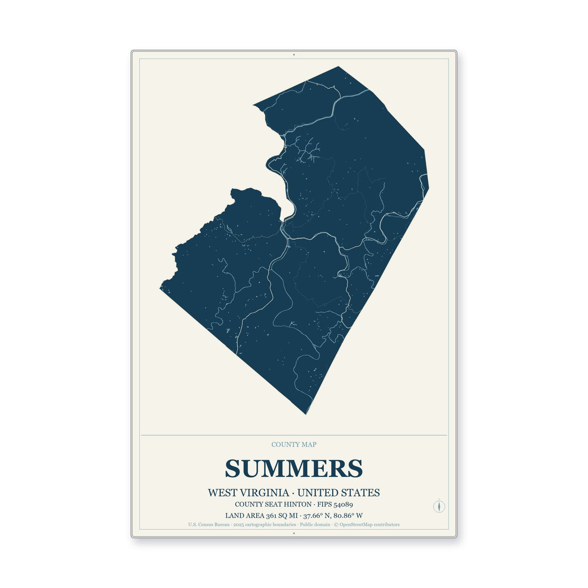 Summers County, West Virginia Map Aluminum Sign in Coastal Cutout style