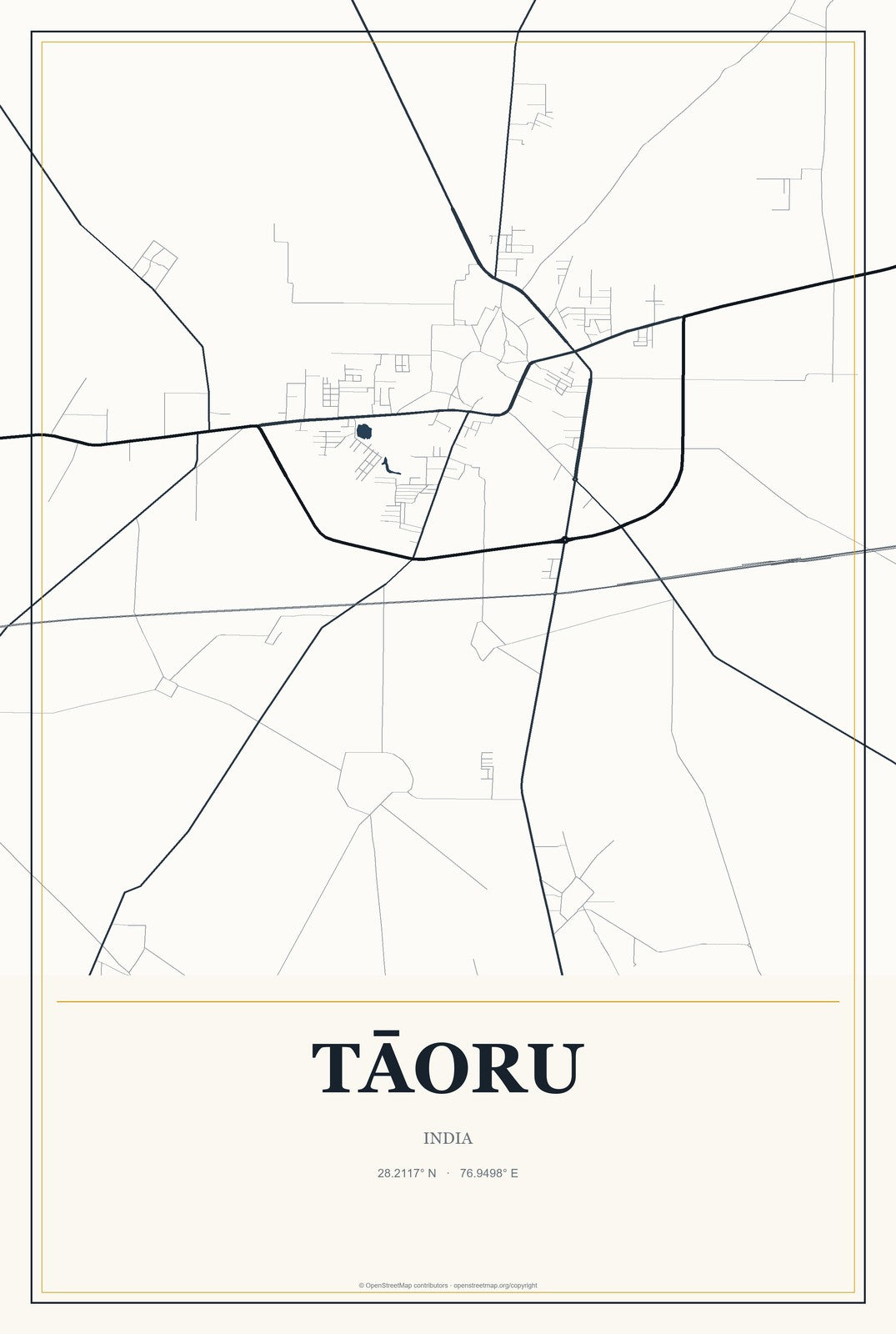 Tāoru, India City Map Aluminum Sign in Citrine Modern style