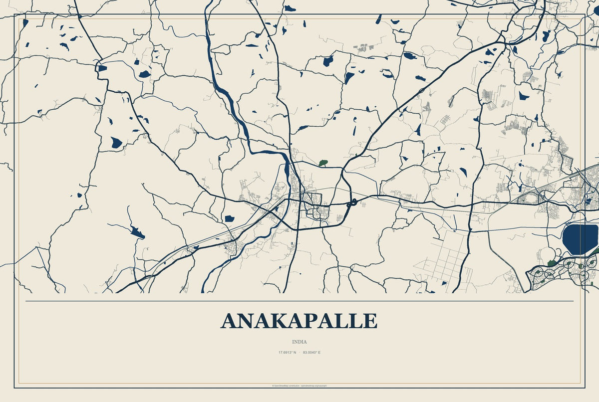 Anakapalle, India City Map Aluminum Sign in Coastal Cutout style