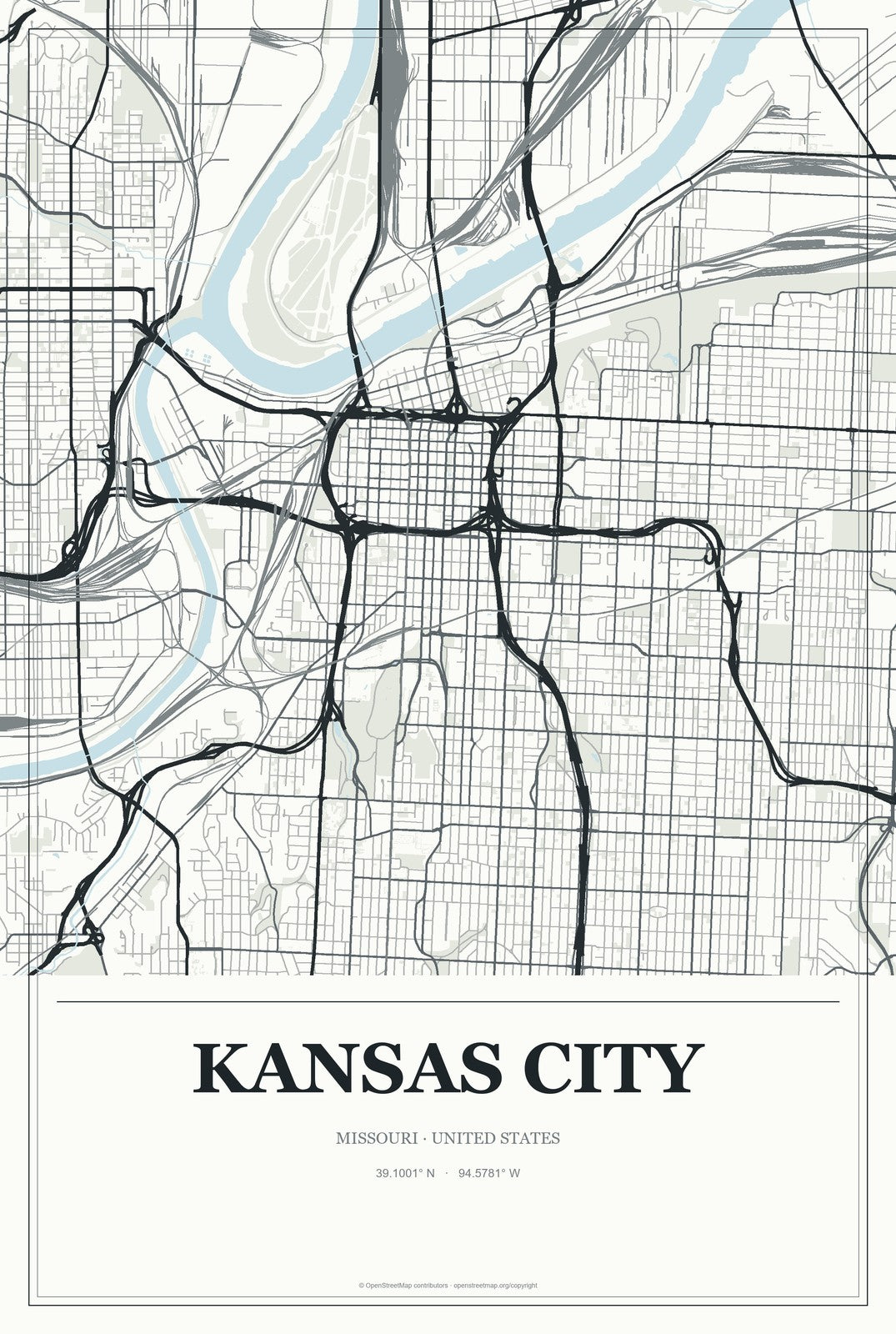 Kansas City, Missouri City Map Aluminum Sign in Gallery Air style