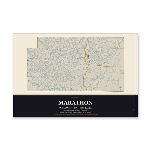Marathon County, Wisconsin Map Aluminum Sign in Museum Plaque style