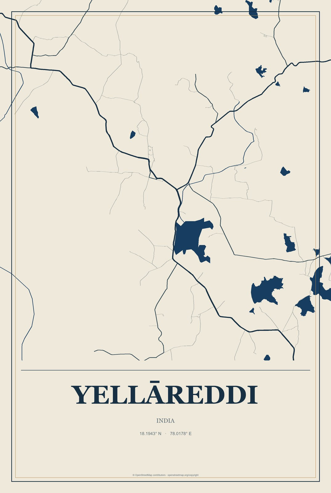 Yellāreddi, India City Map Aluminum Sign in Coastal Cutout style