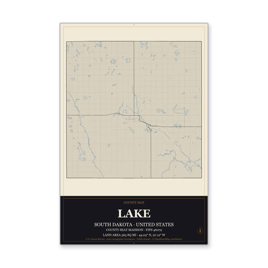 Lake County, South Dakota Map Aluminum Sign in Museum Plaque style