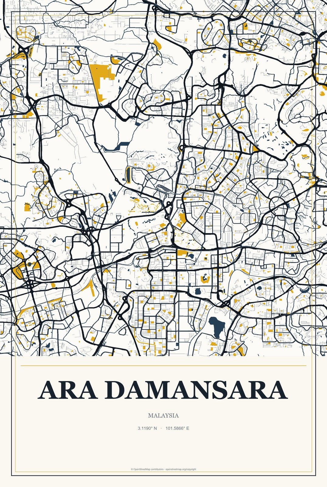 Ara Damansara, Malaysia City Map Aluminum Sign in Citrine Modern style