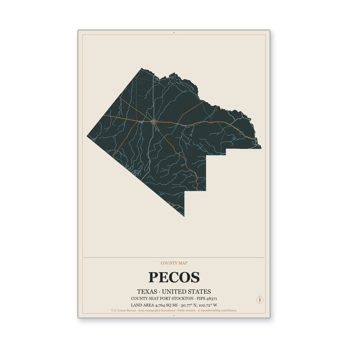 Pecos County, Texas Map Aluminum Sign in Headline Atlas style