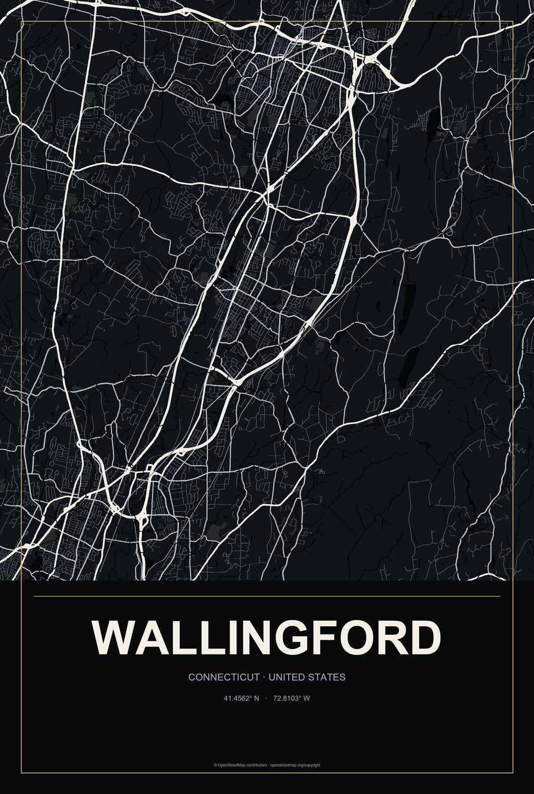Wallingford, Connecticut City Map Aluminum Sign in Metropolitan Noir style