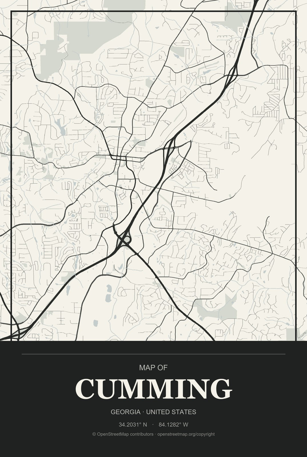 Cumming, Georgia City Map Aluminum Sign in Museum Plaque style