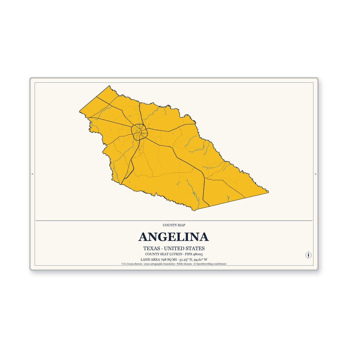 Angelina County, Texas Map Aluminum Sign in Citrine Modern style