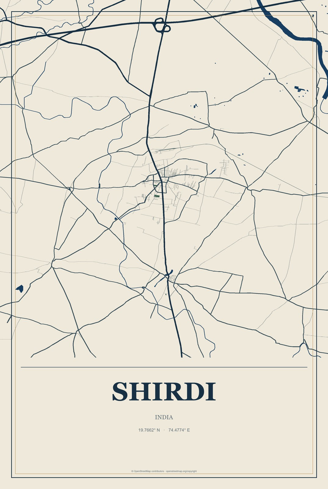 Shirdi, India City Map Aluminum Sign in Coastal Cutout style