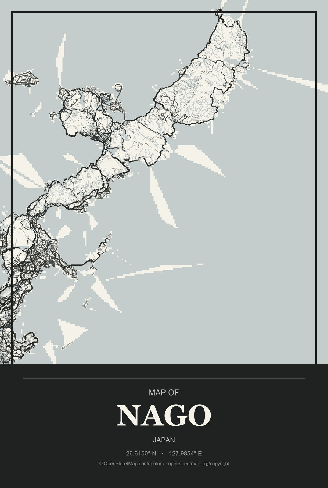 Nago, Japan City Map Aluminum Sign in Museum Plaque style