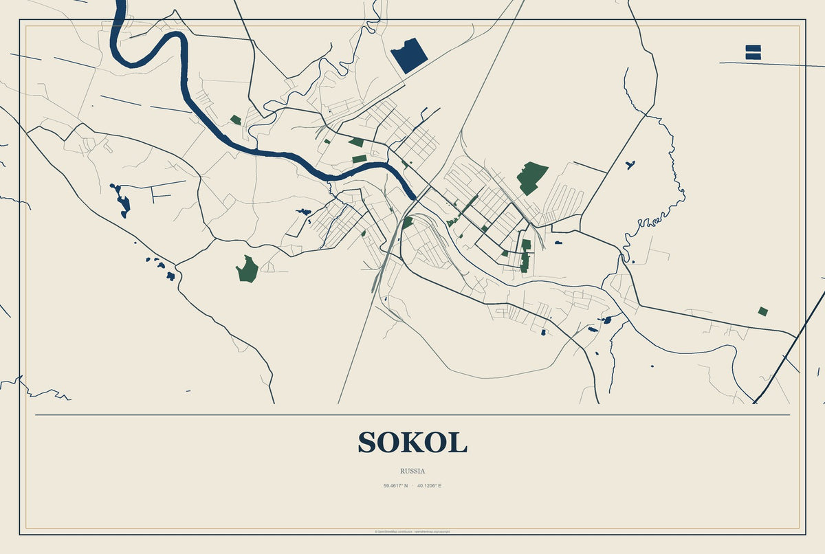 Sokol, Russia City Map Aluminum Sign in Coastal Cutout style
