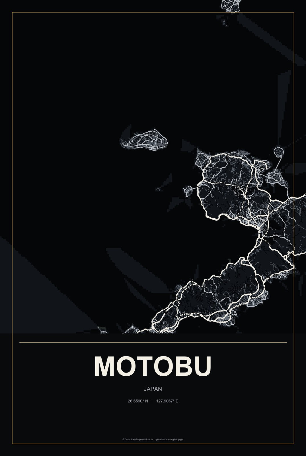 Motobu, Japan City Map Aluminum Sign in Metropolitan Noir style