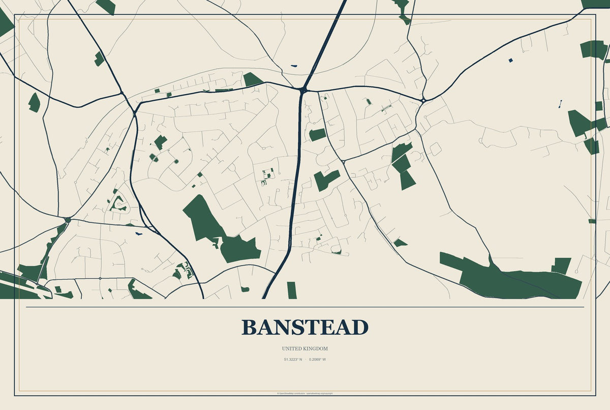 Banstead, United Kingdom City Map Aluminum Sign in Coastal Cutout style