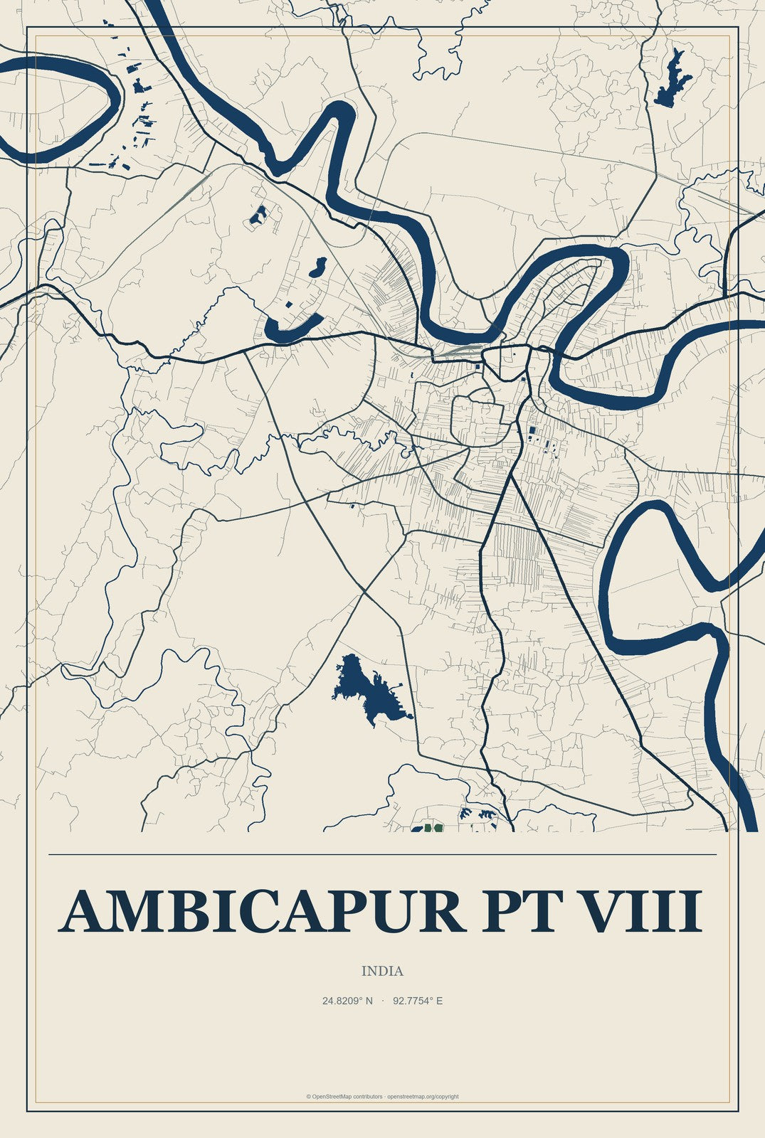 Ambicapur Pt VIII, India City Map Aluminum Sign in Coastal Cutout style