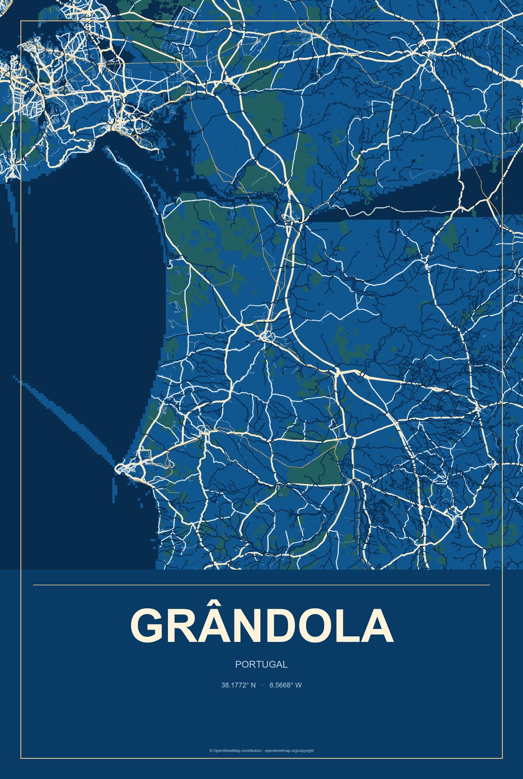 Grândola, Portugal City Map Aluminum Sign in Harbor Cobalt style