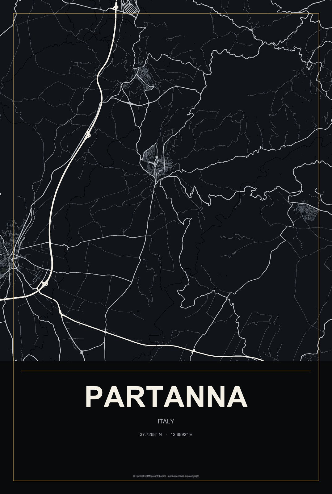 Partanna, Italy City Map Aluminum Sign in Metropolitan Noir style