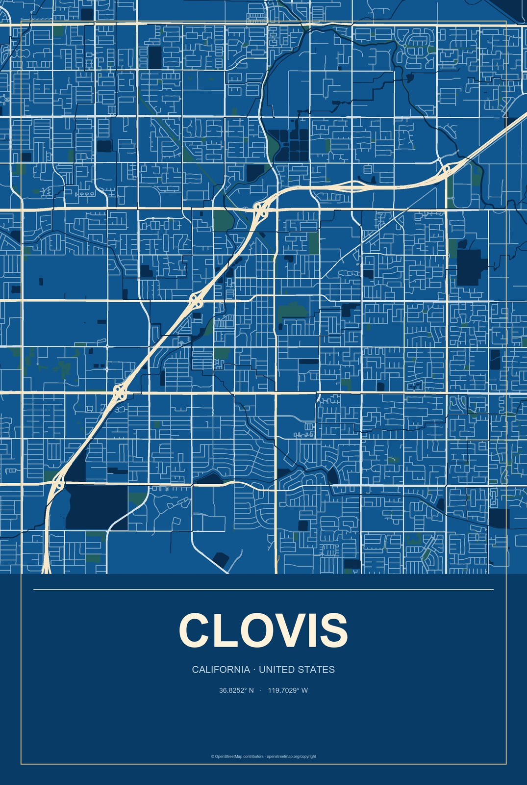 Clovis, California City Map Aluminum Sign in Harbor Cobalt style