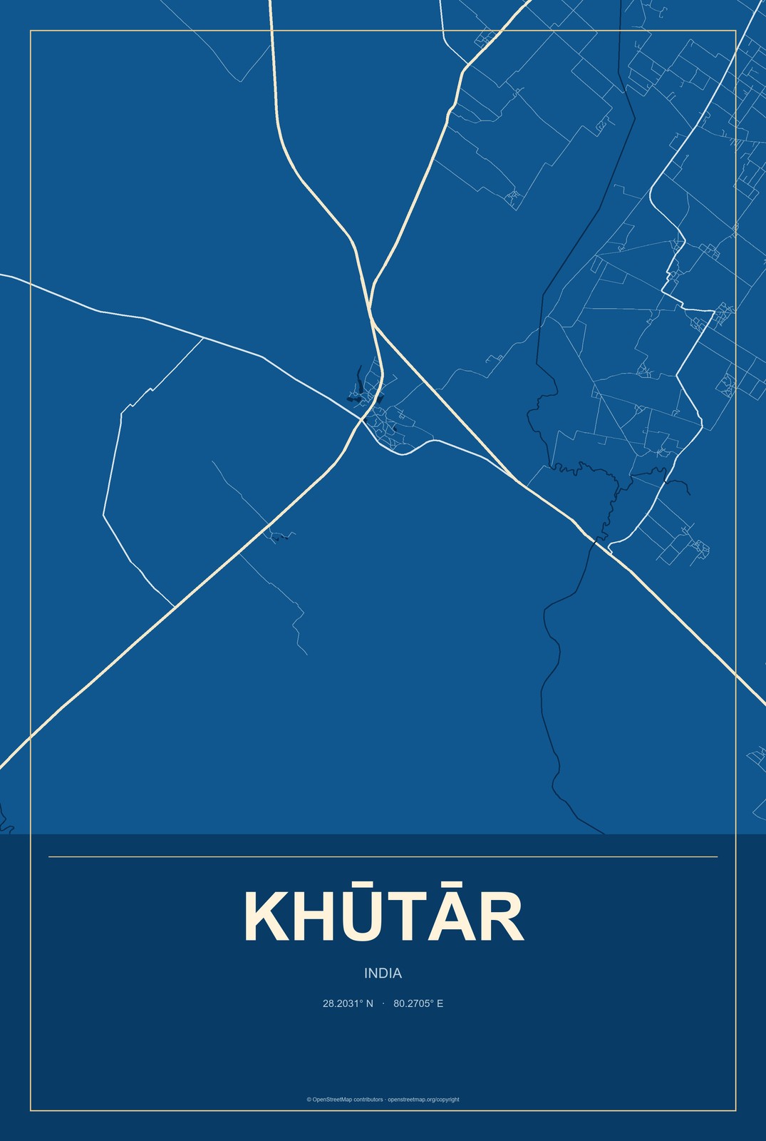 Khūtār, India City Map Aluminum Sign in Harbor Cobalt style