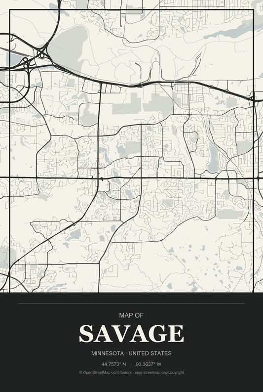 Savage, Minnesota City Map Aluminum Sign in Museum Plaque style