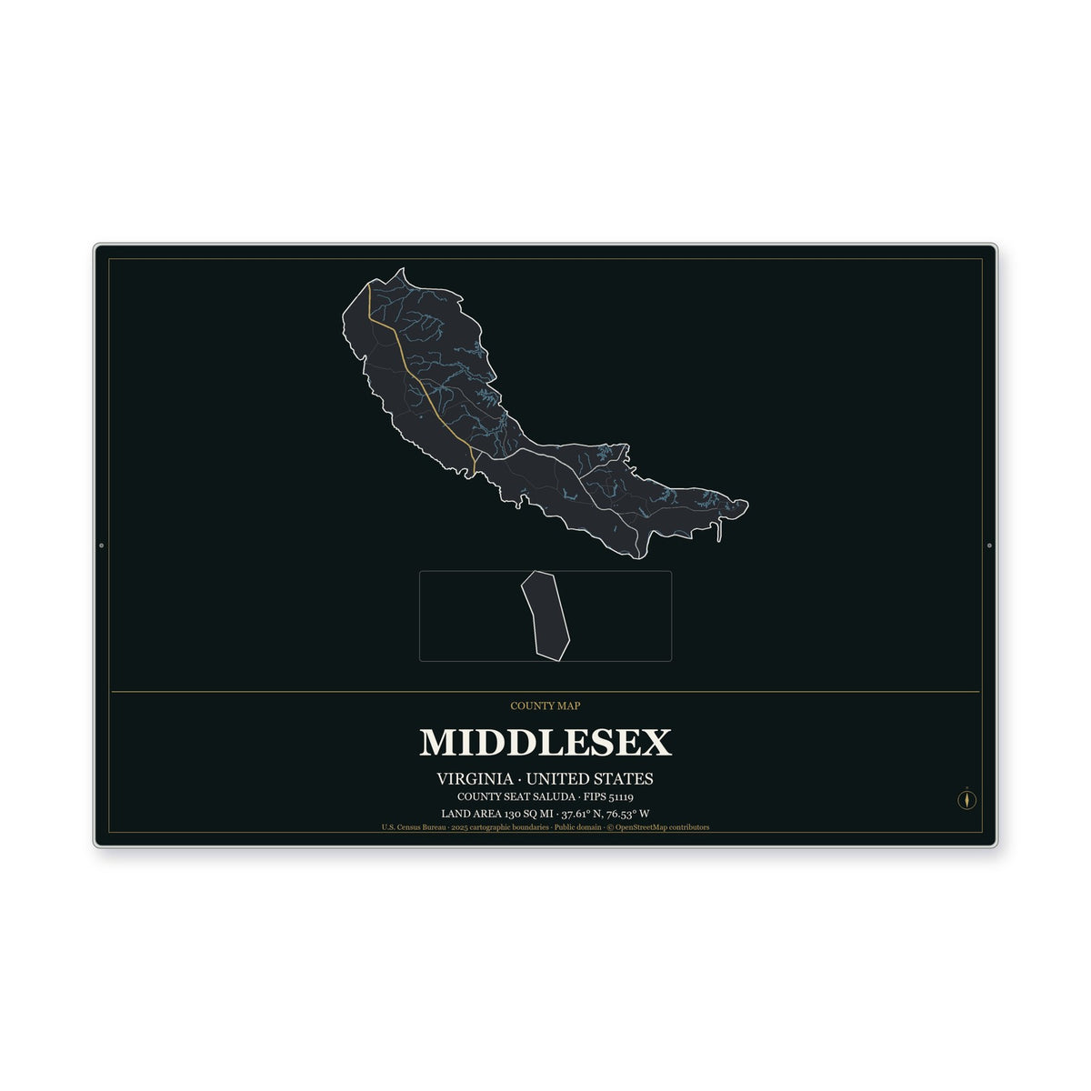 Middlesex County, Virginia Map Aluminum Sign in Metropolitan Noir style