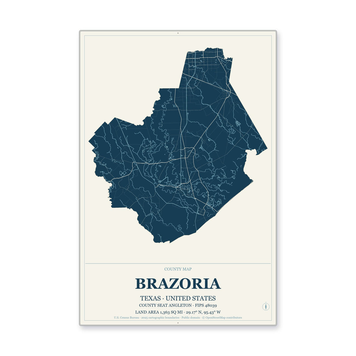 Brazoria County, Texas Map Aluminum Sign in Coastal Cutout style
