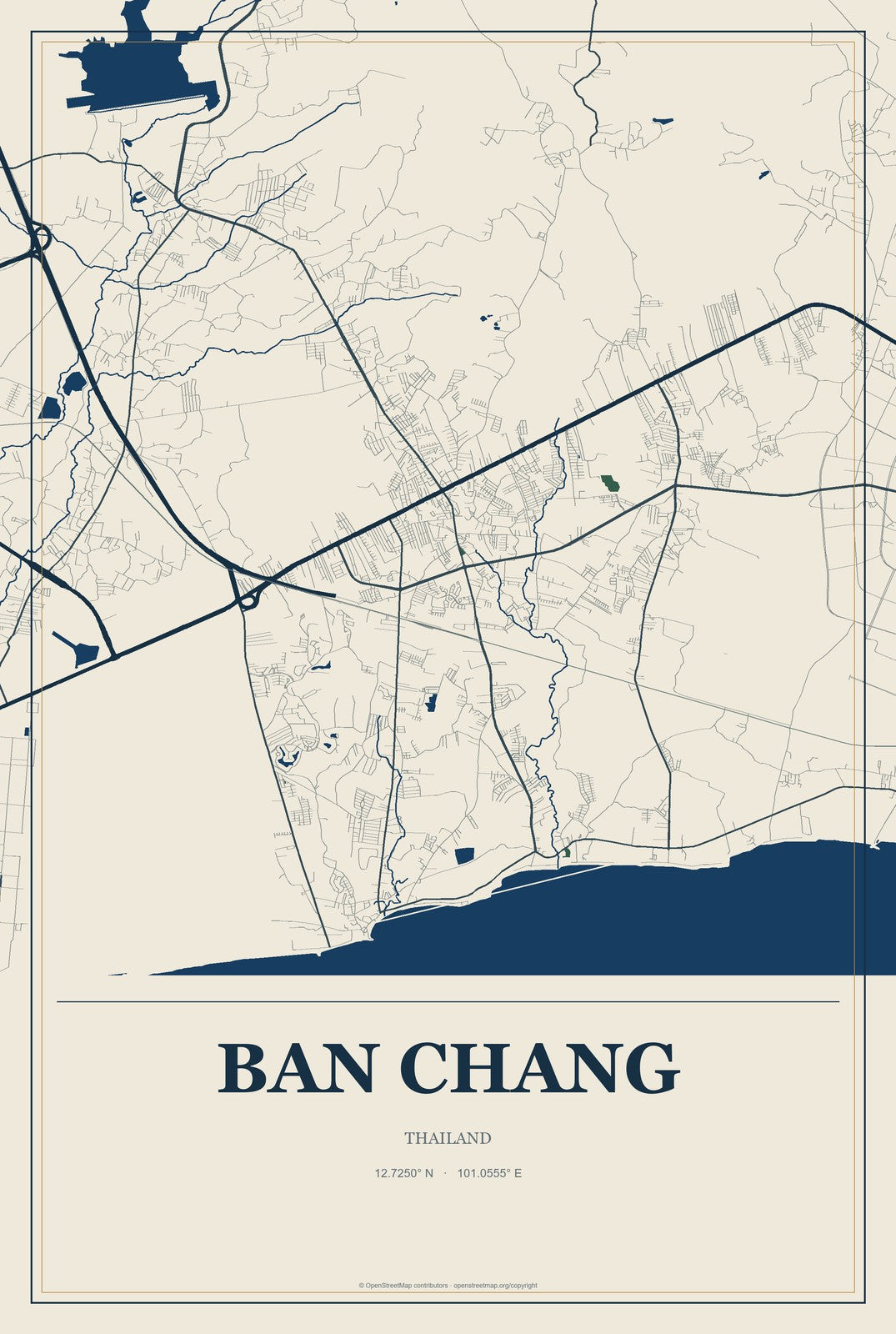 Ban Chang, Thailand City Map Aluminum Sign in Coastal Cutout style