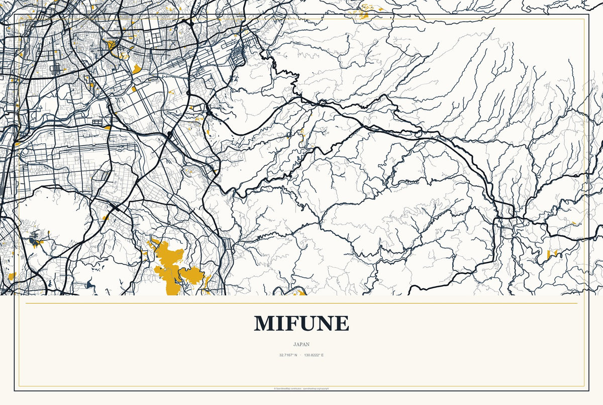Mifune, Japan City Map Aluminum Sign in Citrine Modern style