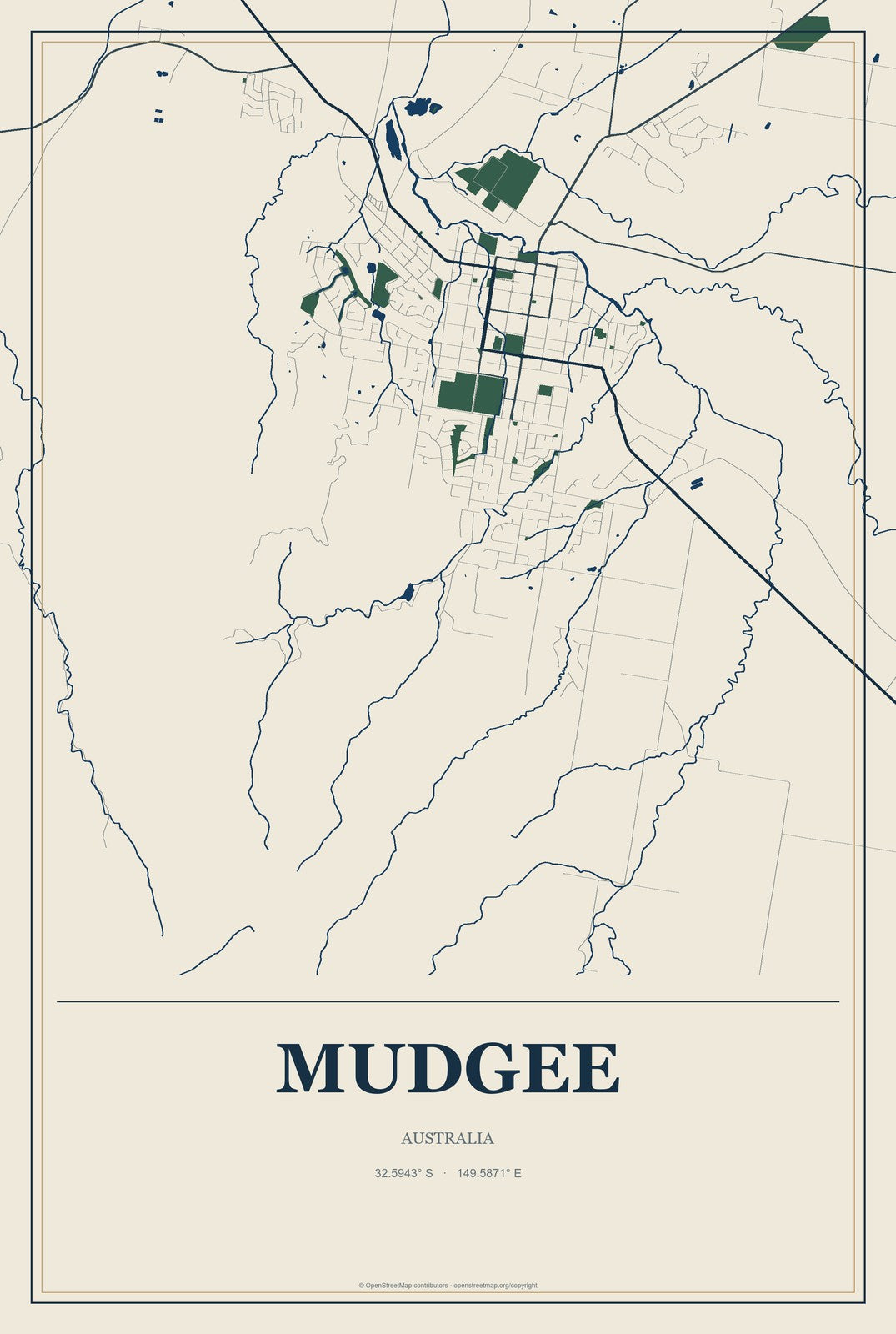 Mudgee, Australia City Map Aluminum Sign in Coastal Cutout style