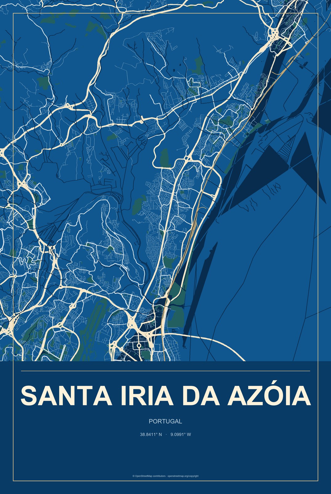 Santa Iria da Azóia, Portugal City Map Aluminum Sign in Harbor Cobalt style