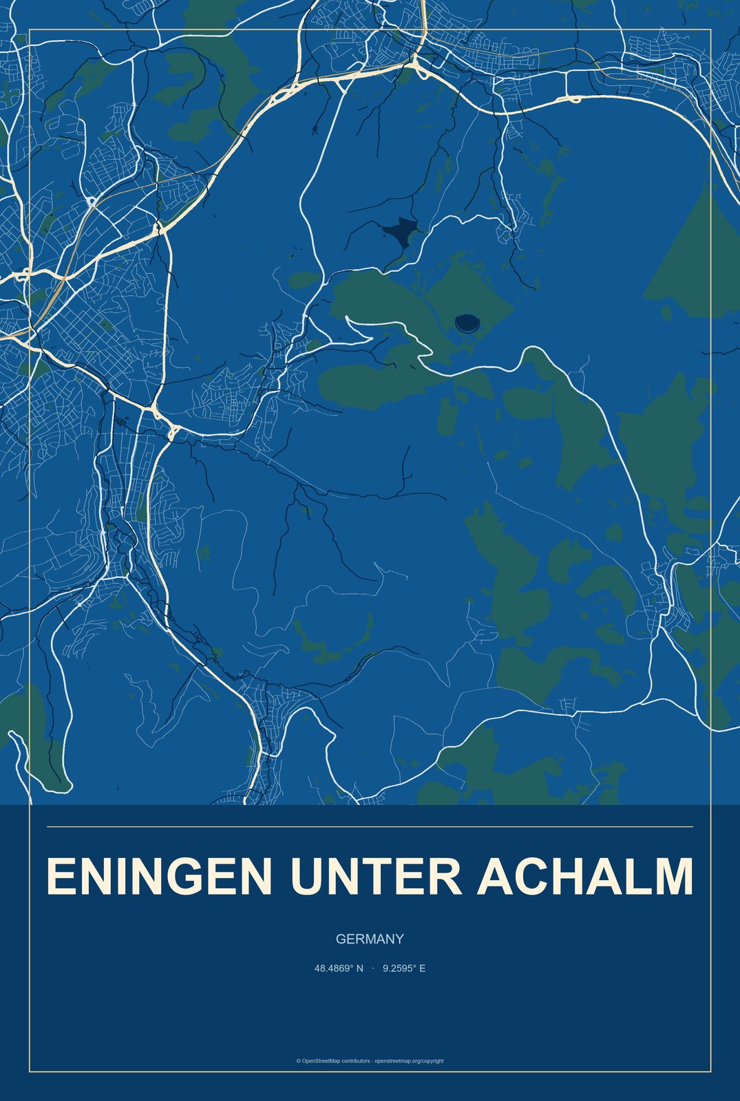Eningen unter Achalm, Germany City Map Aluminum Sign in Harbor Cobalt style