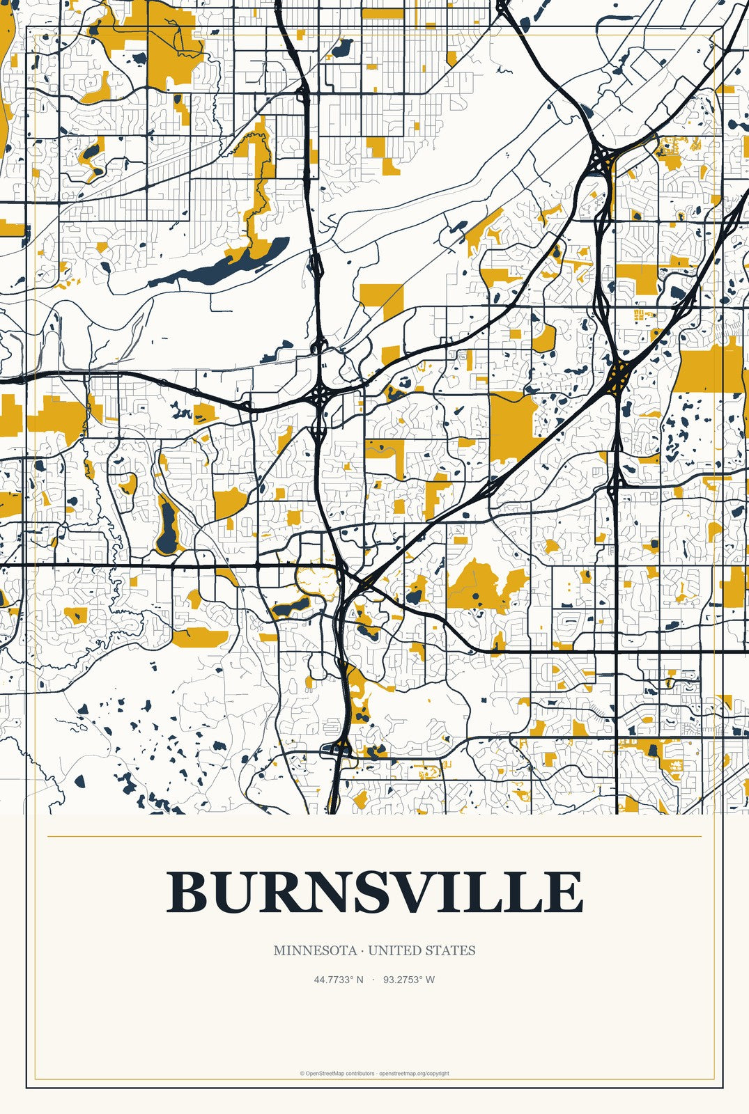 Burnsville, Minnesota City Map Aluminum Sign in Citrine Modern style